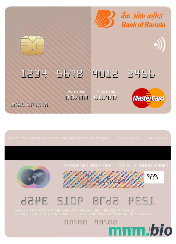 Seychelles Bank of Baroda przykład karty mastercard w formacie PSD